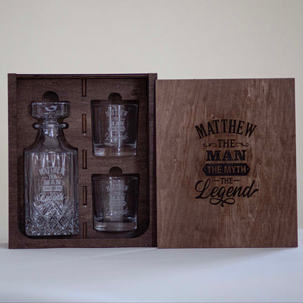 Ornate Decanter & Glassware Wooden Box Set