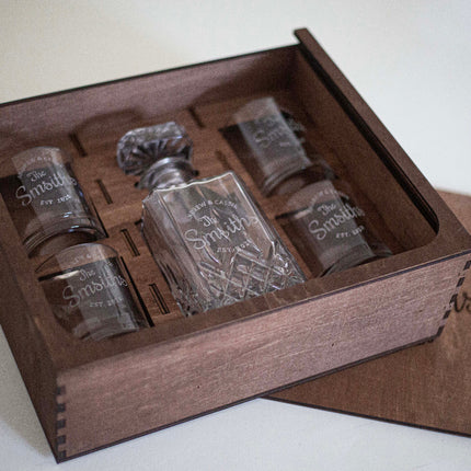 Ornate Decanter & Glassware Wooden Box Set