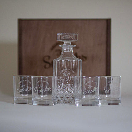 Ornate Decanter & Glassware Wooden Box Set