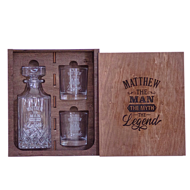 Ornate Decanter & Glassware Wooden Box Set